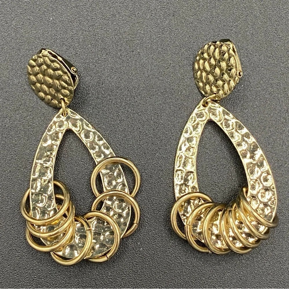 Vintage 80s Hammered Gold Tone Dangly Hoop Earrings - Clip On